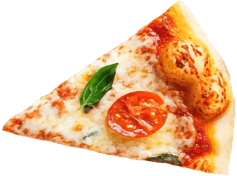 Miếng pizza phô mai mozzarella với cà chua bi và lá húng quế tươi.
