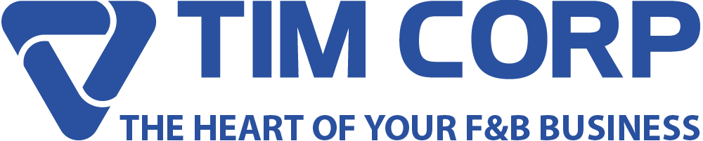 Logo thương hiệu TIM Corp với thông điệp "The Heart Of Your F&B Business"